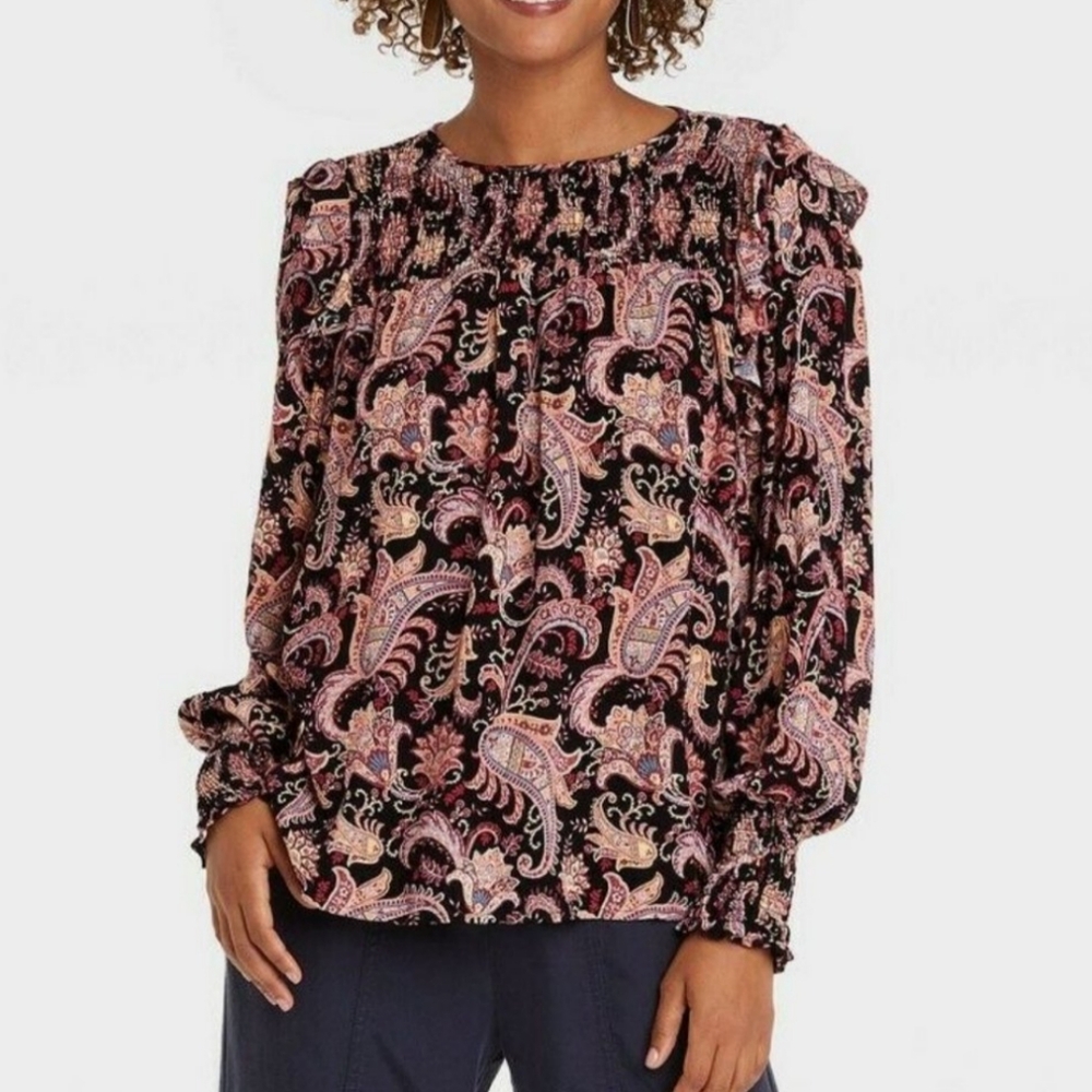 Knox Rose Top L Black Paisley Smocked Long Sleeve Boho Peasant, Ruffles.